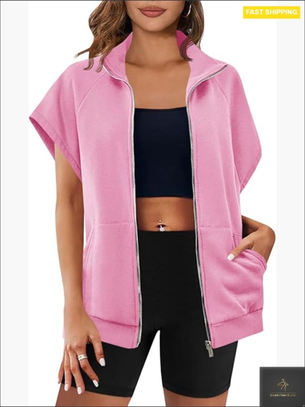 Zip Up Sleeveless Oversized Sweatshirt Casual Full Zip Hoodie with Pockets